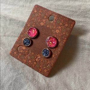 NEW Faux Druzy Hot Pink Stud Earrings Set